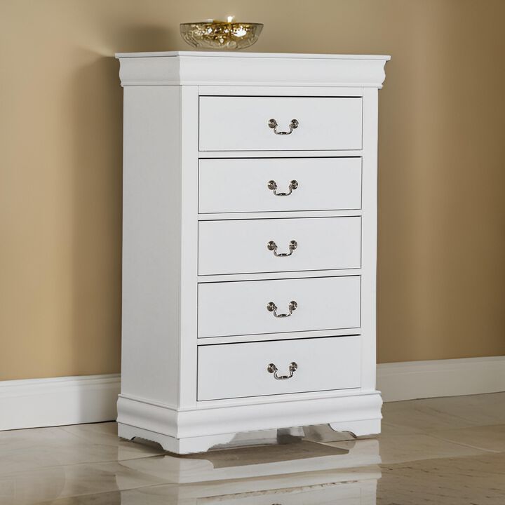 Ryla Tall Dresser Chest, 5 Drawers, Nickel Metal Handles, White Solid Wood