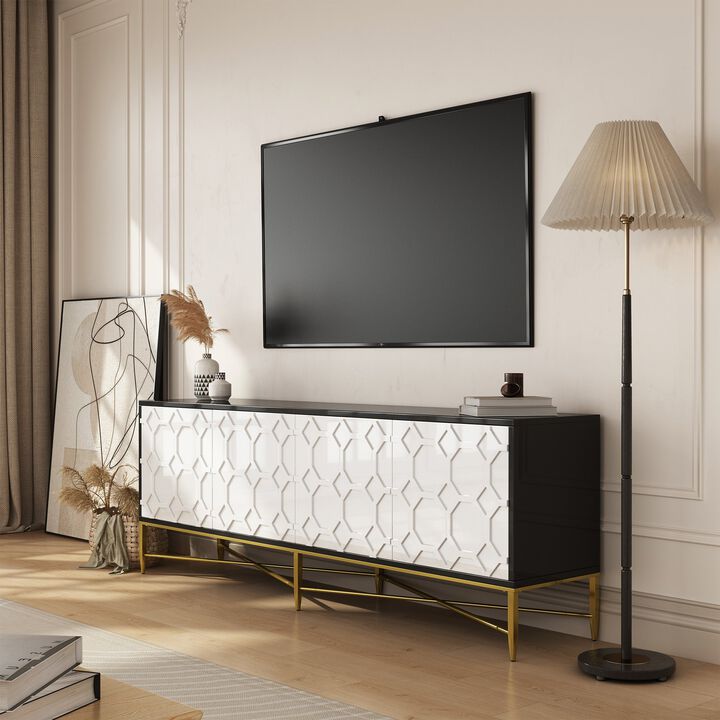 MONDAWE Modern Black and White Color Scheme Press Design 4 Door Cabinet, Living Room TV Stand