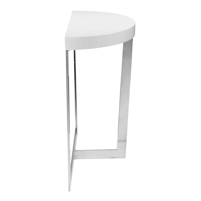 Tini 55 Inch Console Table, Oval Top, Chrome Frame, Sleek White Finish - Benzara