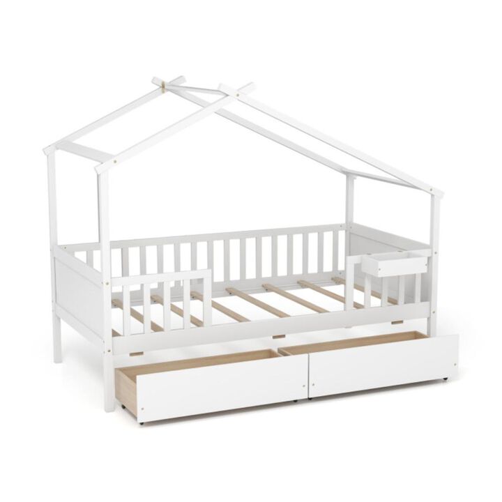 Hivvago Twin House Bed with 2 Storage Drawers and Roof & Fence Rails
