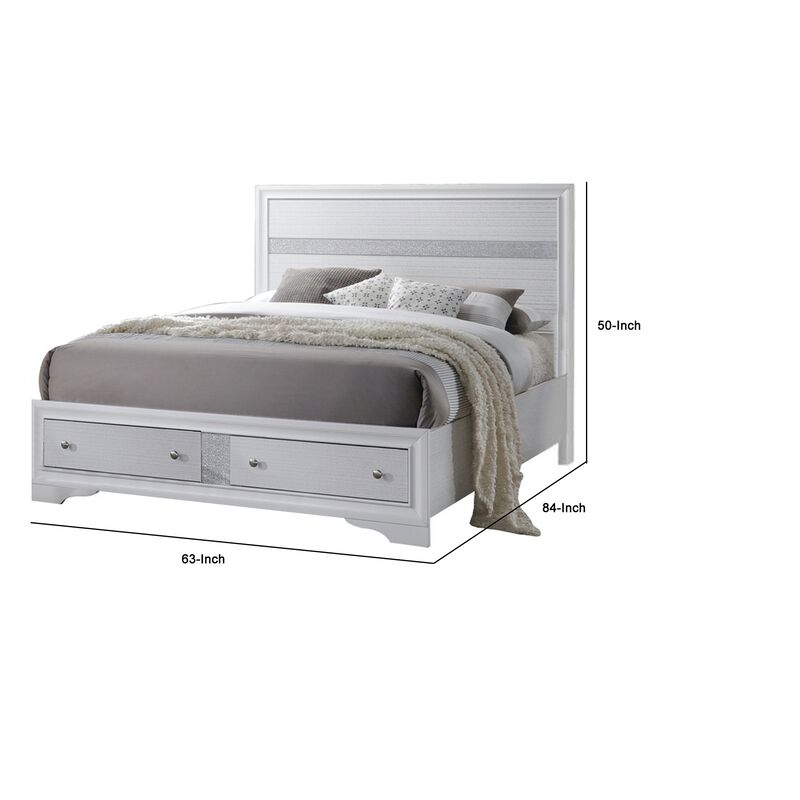 Classy Queen Size Bed With Storage, White-Benzara