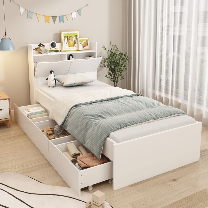 White Wood Frame Twin Bed Platform Bed Storage Bed with 3-Wheels Drawers and Headboard