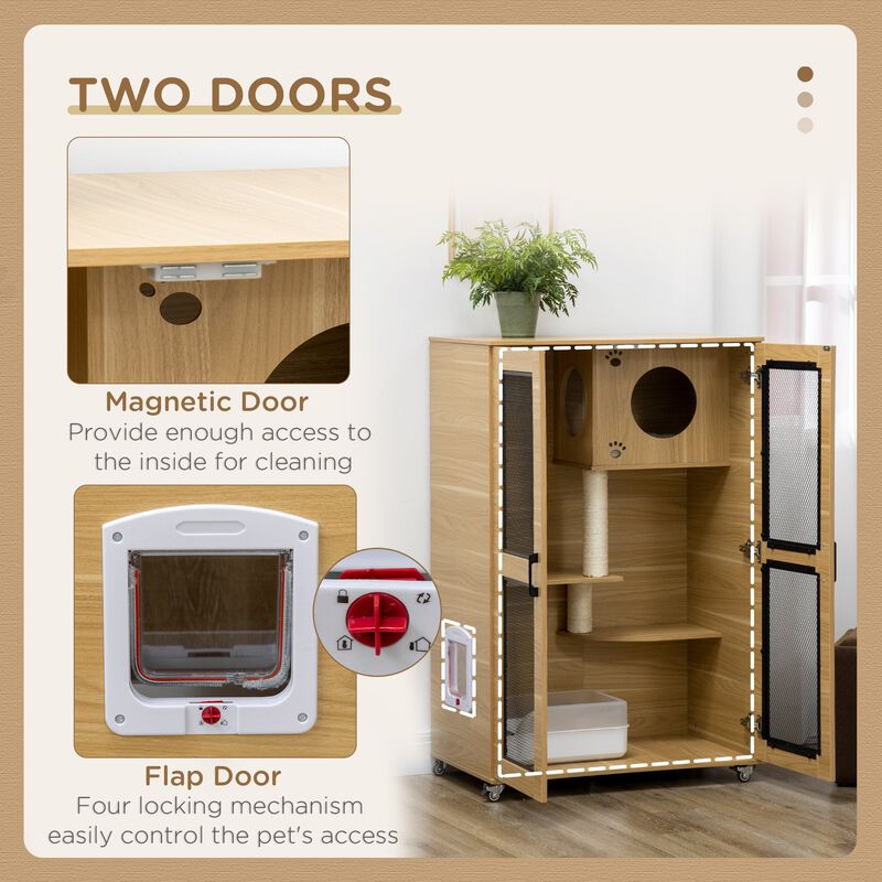 Oak Cat Enclosure: Cat House with Tree & Lockable Wheels