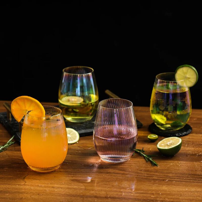 Grassi Iridescent Stemless Wine Glasses Set - Unique Cute Gift Idea Set of 4