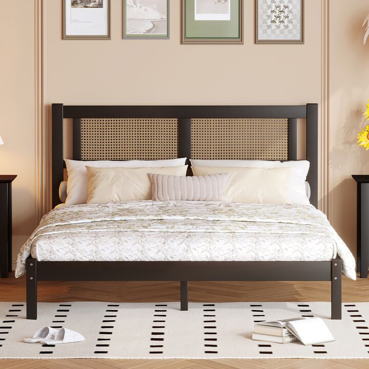 Merax Wood Platform Bed with Natural Rattan Headboard