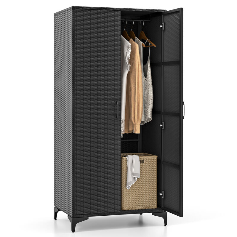 62 Inch Wicker Wardrobe with 2 Doors PE Rattan Closet with Hanging Rod