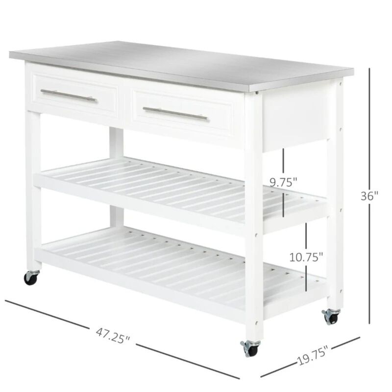 Hivvago White Rolling Kitchen Island 2 Drawers Storage with Stainless Steel Top