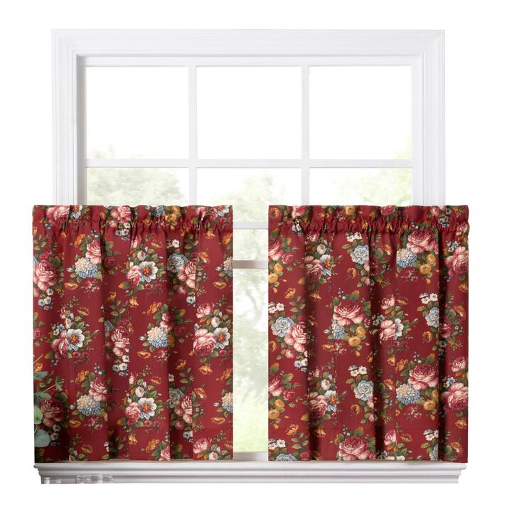 Ellis Bella Rose Stylish Medium Scale Printed Floral Pattern 1.5" Rod Pocket Tier for Windows 56"x24" Red