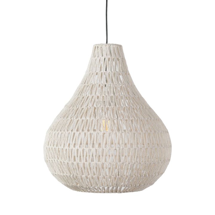 Boney 18 Inch Pendant Light, Woven Rope, Rounded Shape, Iron, White-Benzara