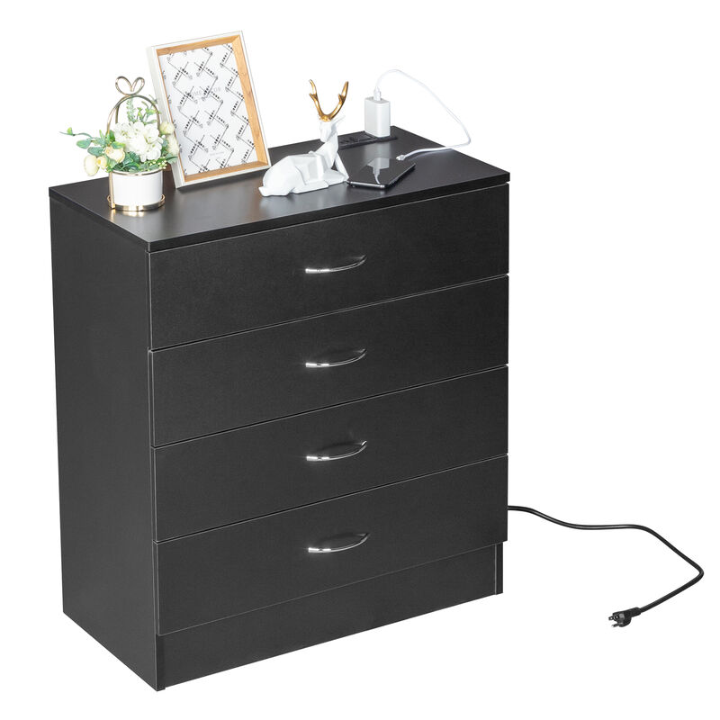 4-Drawer Nightstand Dresser in PB Wood with USB Ports & Outlet for Bedroom Storage