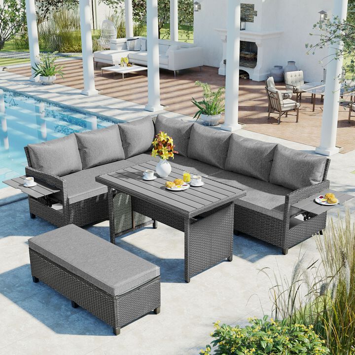 Merax Outdoor Patio Rattan Sectional Sofa Table Bench Set