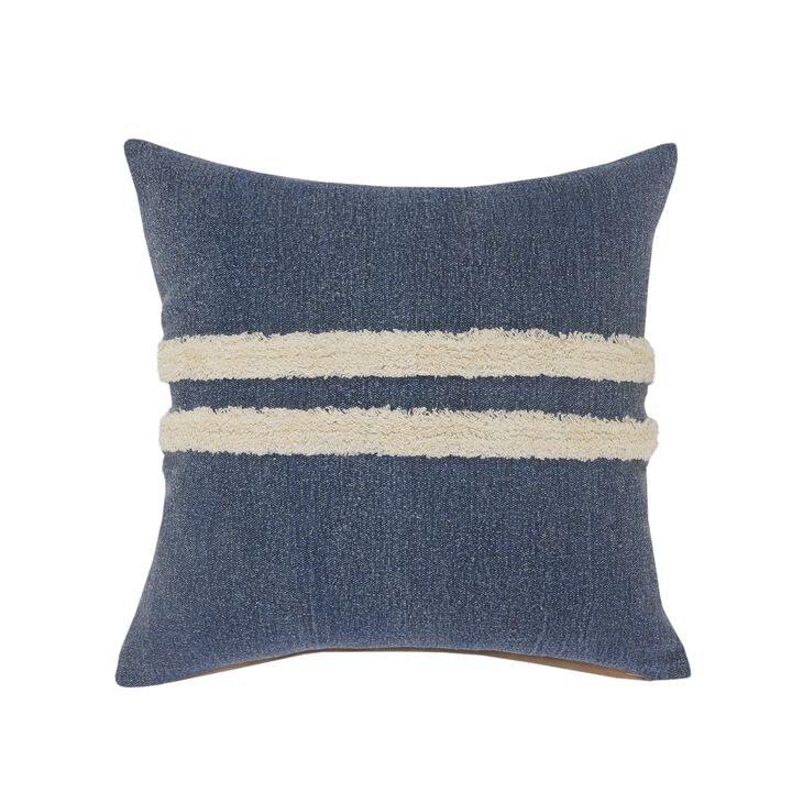 20" Blue and White Double Center Striped Square Throw Pillow