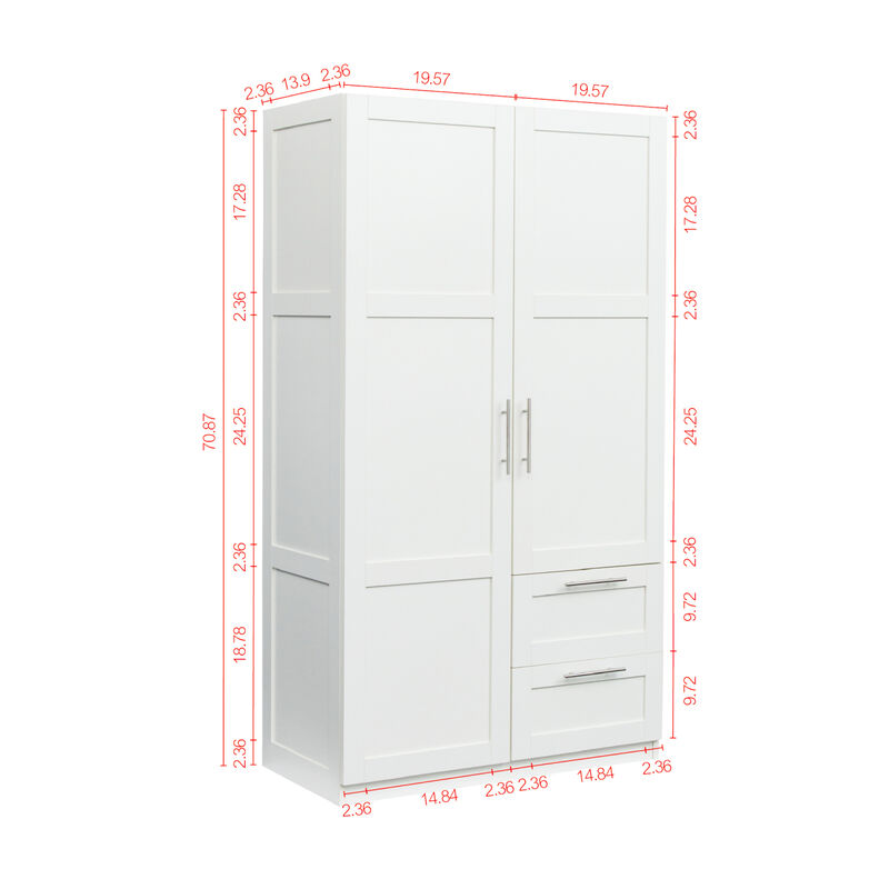 High Wardrobe And Kitchen Cabinet With 2 Doors, 2 Drawers And 5 Storage Spaces, White
