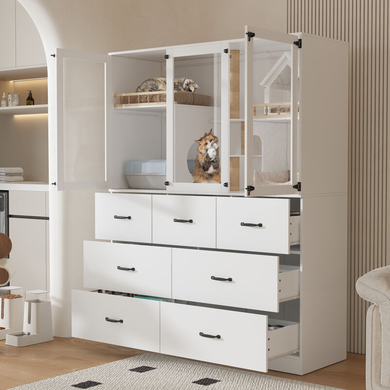 FUFU&GAGA MDF Cat Cabinet with 7 Spacious Drawers, Metal Handles & Lock – Cable Management, Cat Hole, (55" x 19.7" x 70.9"), White