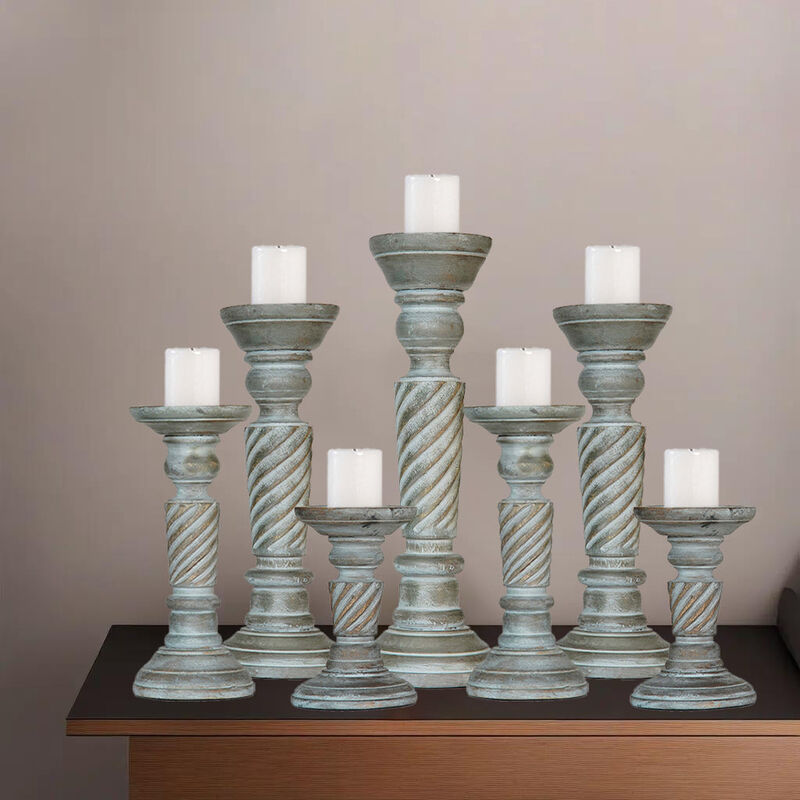 Traditional Antique Dusk Eco-friendly Handmade Mango Wood Set Of Seven 6",9",12",15",12",9" & 6" Pillar Candle Holder BBH Homes