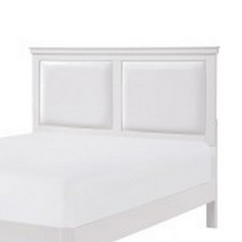 Brite Queen Size Bed, White Faux Leather Upholstered Headboard, Low Profile - Benzara
