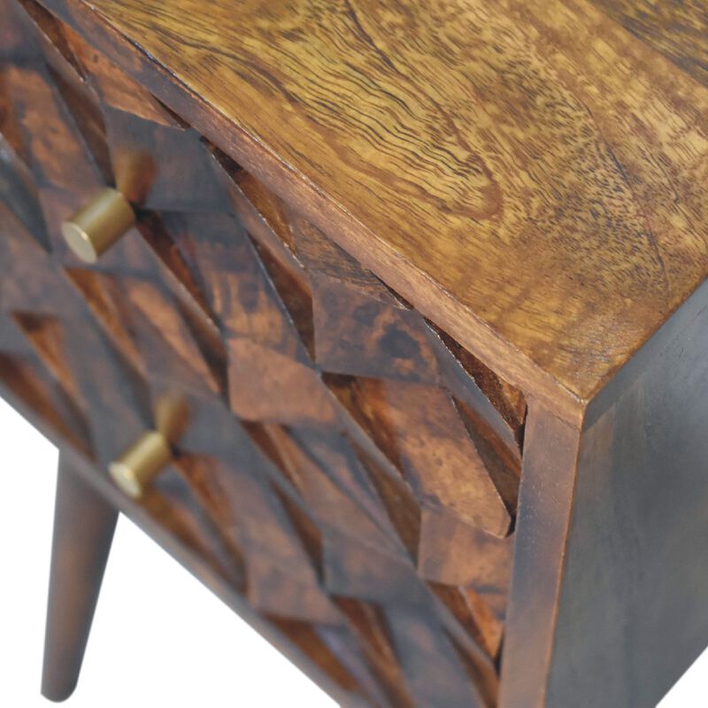 Mini Chestnut Cube Carved 2 Drawer Solid Wood Nightstand