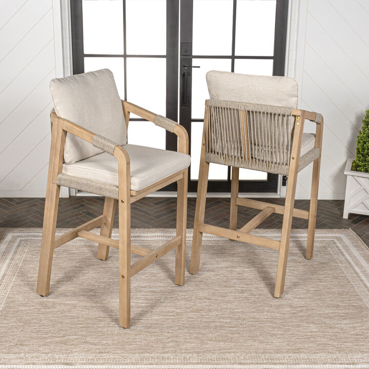 Porto Modern Coastal Tub Roped Acacia Wood Outdoor Bar Stool with Cushions and Armrests