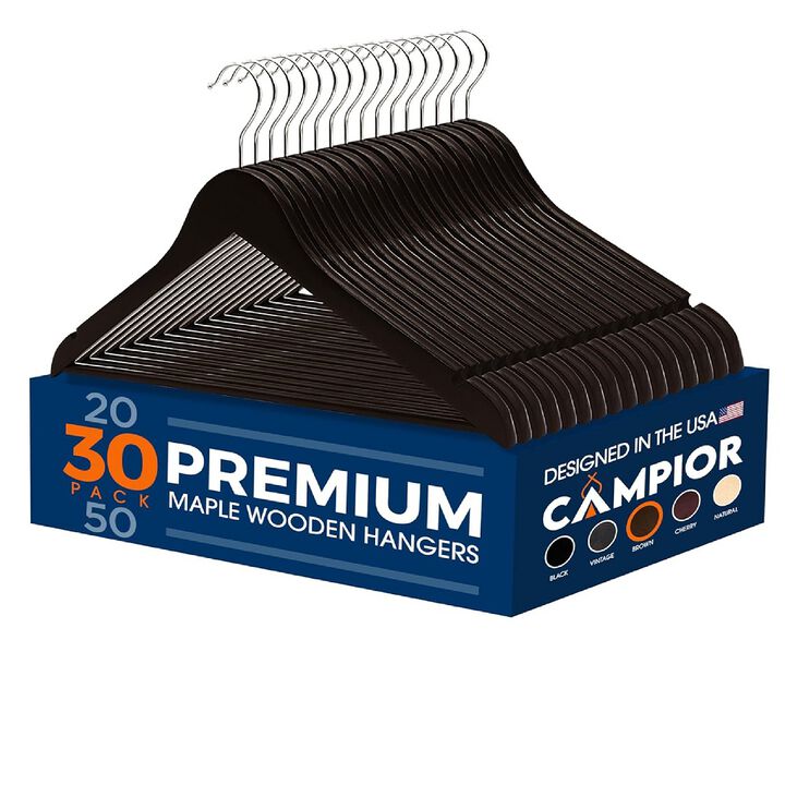 Wooden Clothes Hangers - 30 Pack, Durable, Non-Slip, Space-Saving Hangers for Dresses, Coats, and More, Holds Up to 10 lbs with 360° Swivel Hook, Brown Finish