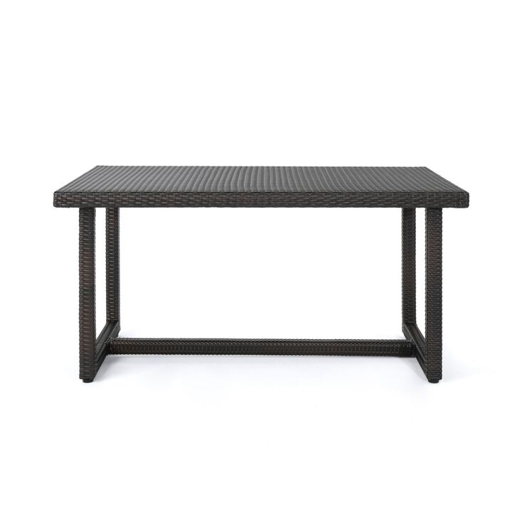 Sanie Outdoor Dining Table, 59 Inch Top, Iron Frame, Brown Resin Wicker