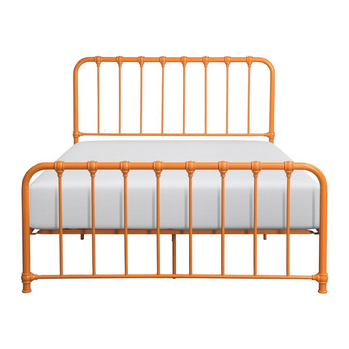 Ethan Queen Size Bed, Classic Open Slatted Metal Frame Design, Orange - Benzara