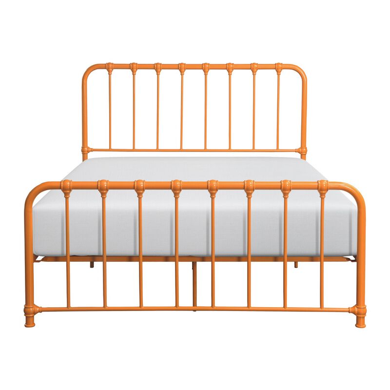 Ethan Queen Size Bed, Classic Open Slatted Metal Frame Design, Orange - Benzara