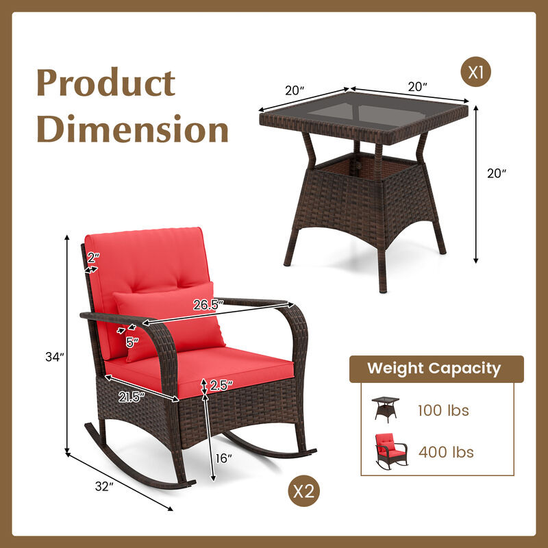 3 Piece Outdoor Rocking Set with Tempered Glass Coffee Table for Backyard Poolside