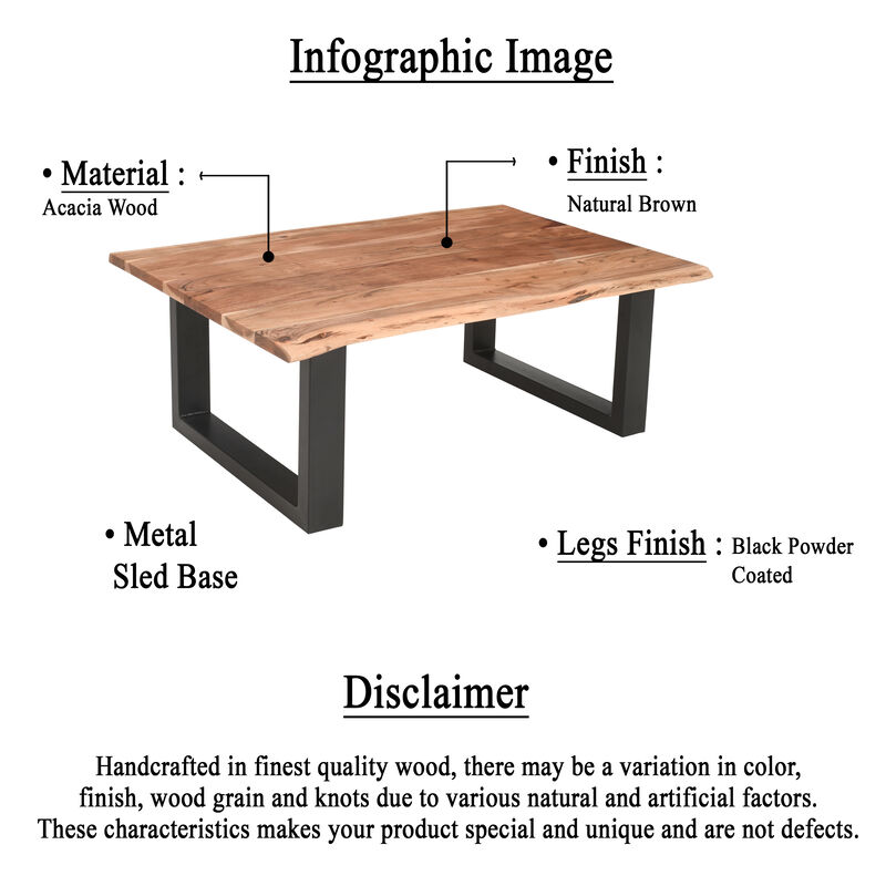 45 Inch Acacia Wood Rectangular Coffee Table, Live Edge Details, Black Powder Coated Metal Sled Base, Natural Brown-Benzara
