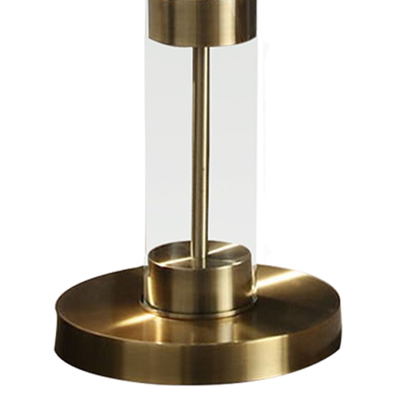 Kria 60 Inch Floor Lamp, Clear Glass Stand, Metal Bands, Antique Brass-Benzara