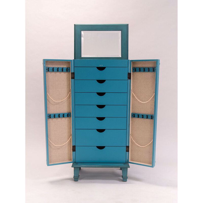 Hivvago  Turquoise Hand Painted Jewelry Armoire with Antique Drawer Pulls