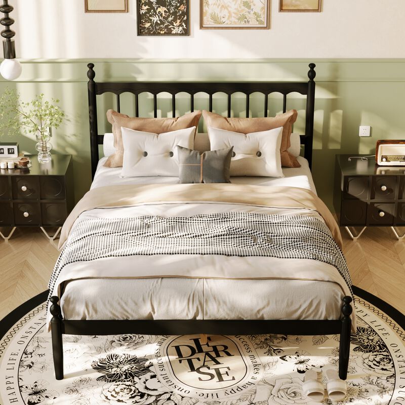 FUFU&GAGA Modern Black Metal Bed Frame with Rubberwood & Pine Slats (84.6" L x 61.8" W x 46.4" H), Black