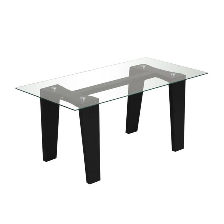 Hivvago 39.5 Inch Glass Coffee Table Modern Rectangular Center Table with Solid Rubber Wood Legs