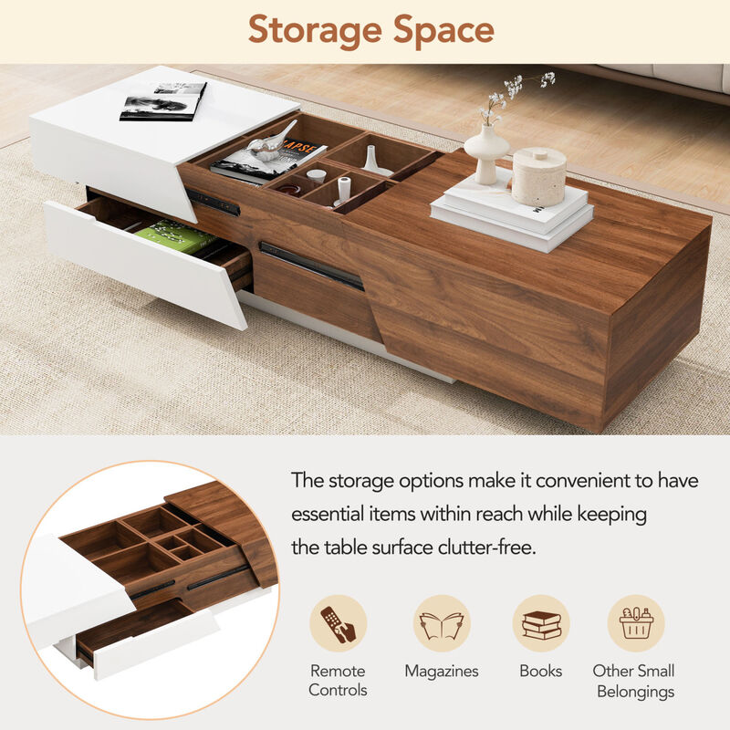Modern Extendable Sliding Top Coffee Table With Storage In White & Walnut