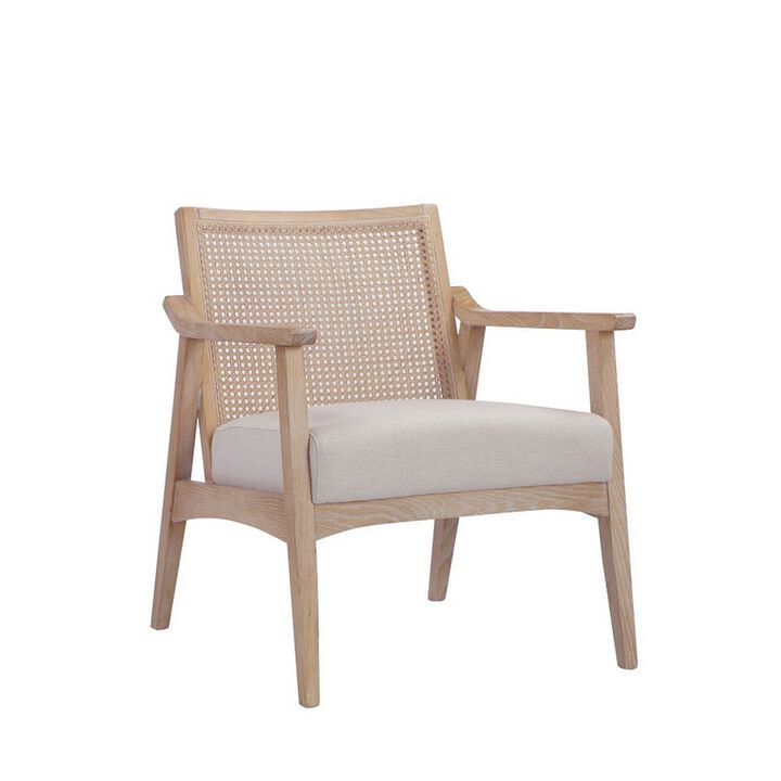28 Inch Lounge Armchair with Cane Back, Beige Polyester Boucle, Brown Frame - Benzara 28 Inch Lounge Armchair with Cane Back, Beige Polyester Boucle, Brown Frame - Benzara