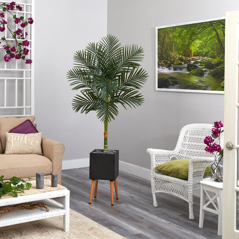 Hivvago 6 Feet Golden Cane Artificial Palm Tree in Black Planter with Stand