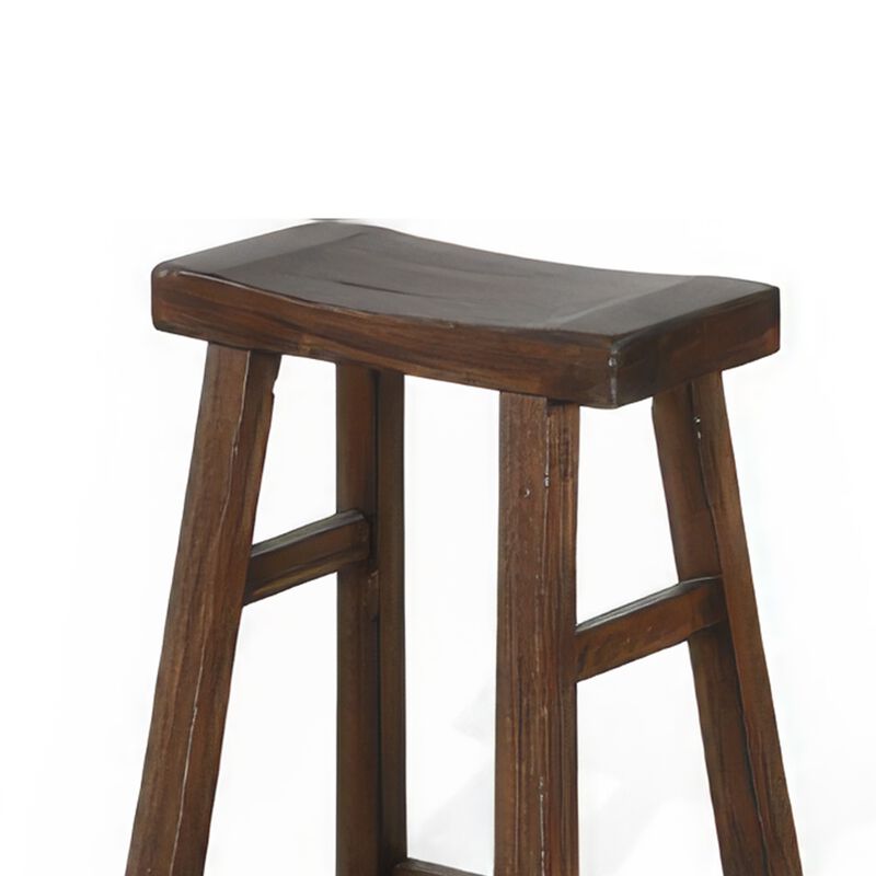 Odel Barstool Set of 2, Saddle Seat, Dark Brown Mahogany Wood, 30 Inch - Benzara