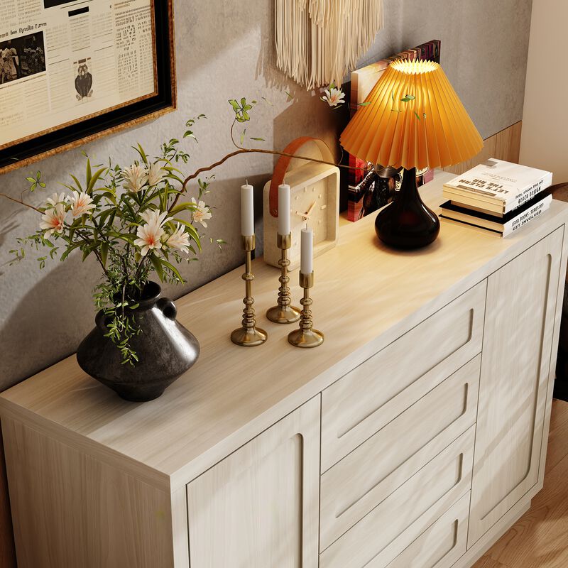 FUFU&GAGA Natural Wood Storage Cabinet with 4 Drawers and 2 Doors, MDF & Rubberwood Construction (55.1" W x 33.9" H x 15.7" D), Grey