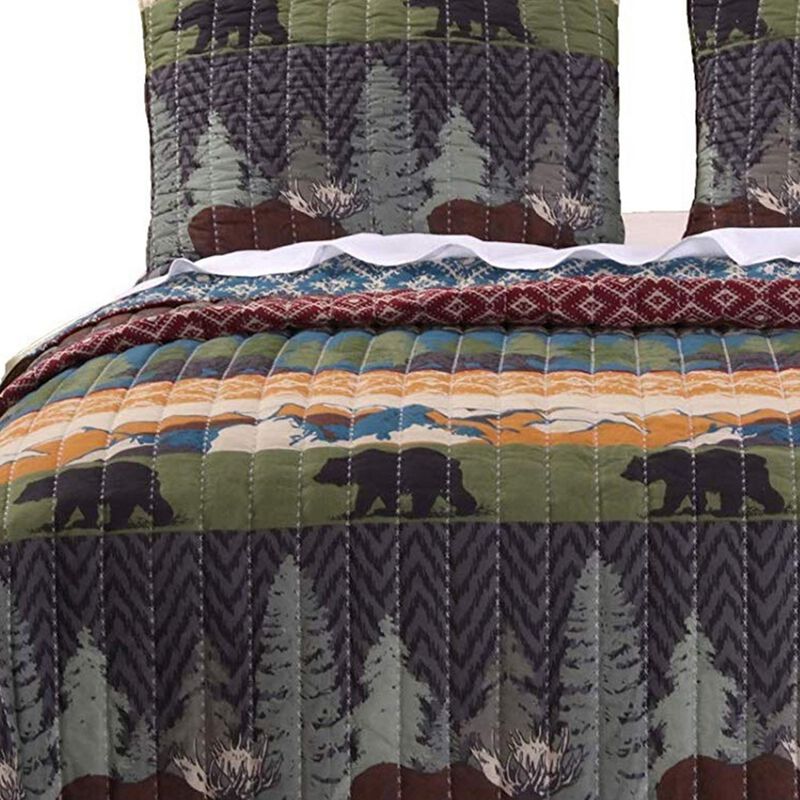 3 Piece King Size Quilt Set with Nature Inspired Print, Multicolor - Benzara