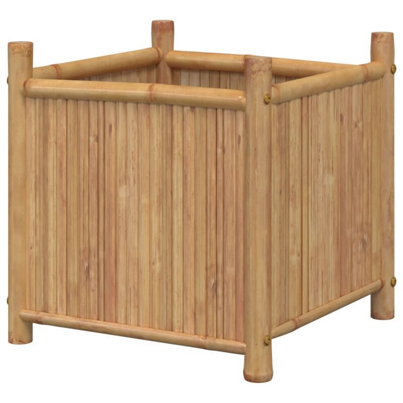 Outdoor Planter, Raised Design, 20 Inch Natural Brown Bamboo Finish - Benzara