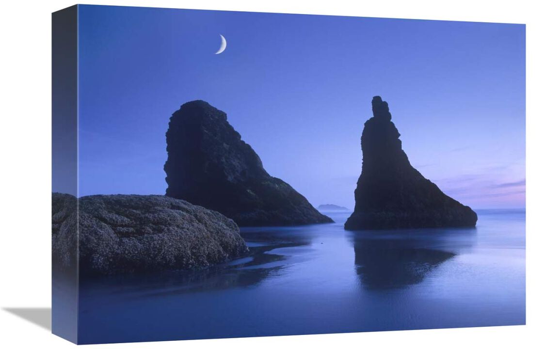 Sea stacks at dusk along Bandon Beach with rising moon, Oregon-Canvas Art-16x12