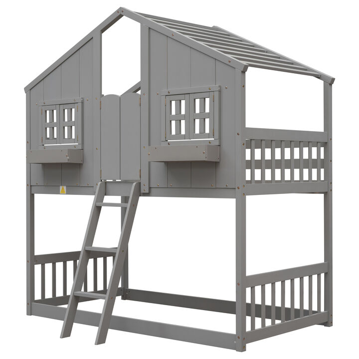 Twin over Twin House Bunk Bed with Roof , Window, Window  Box, Door , with Safety Guardrails and Ladder,White