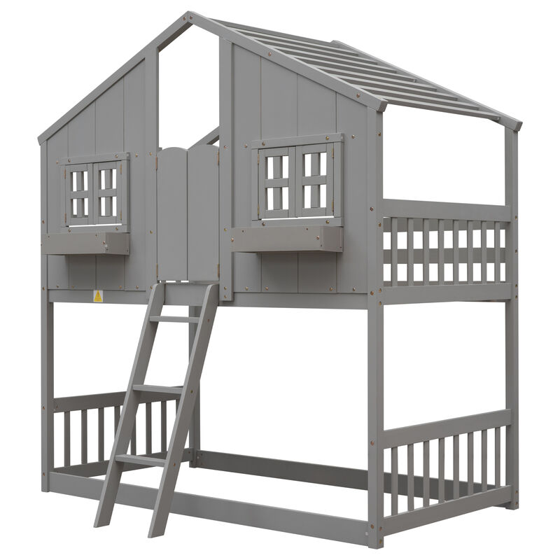 Twin over Twin House Bunk Bed with Roof , Window, Window  Box, Door , with Safety Guardrails and Ladder,White