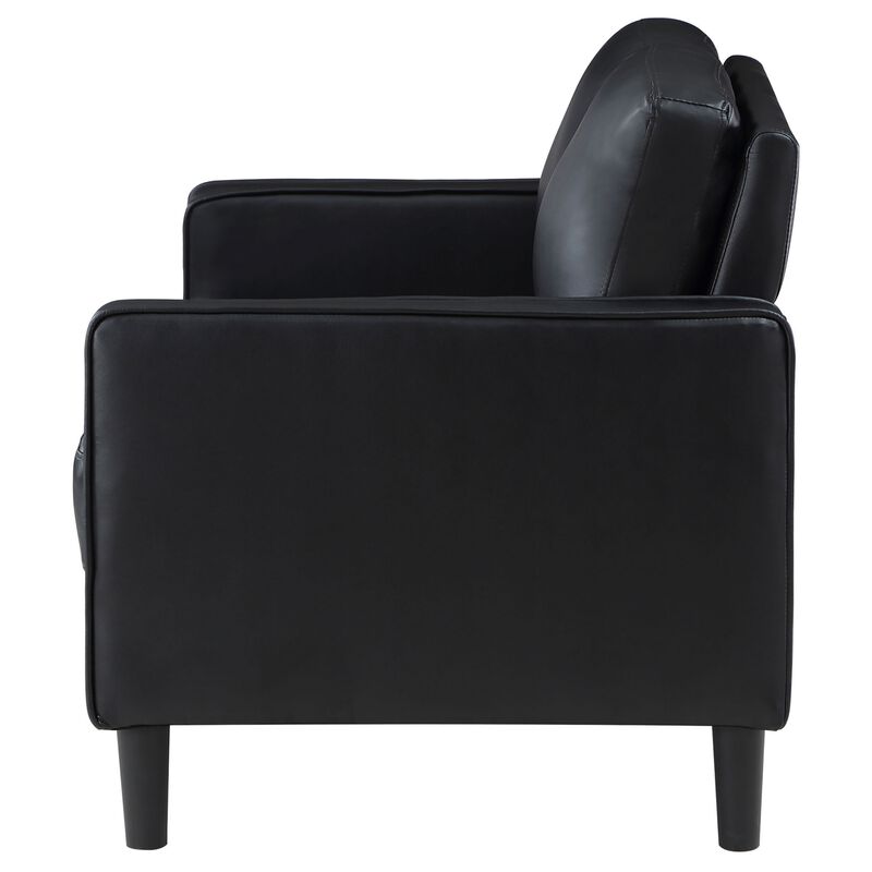 Rumi Loveseat, Black Faux Leather, Modern Track Style Arms, Foam, 54 Inch - Benzara