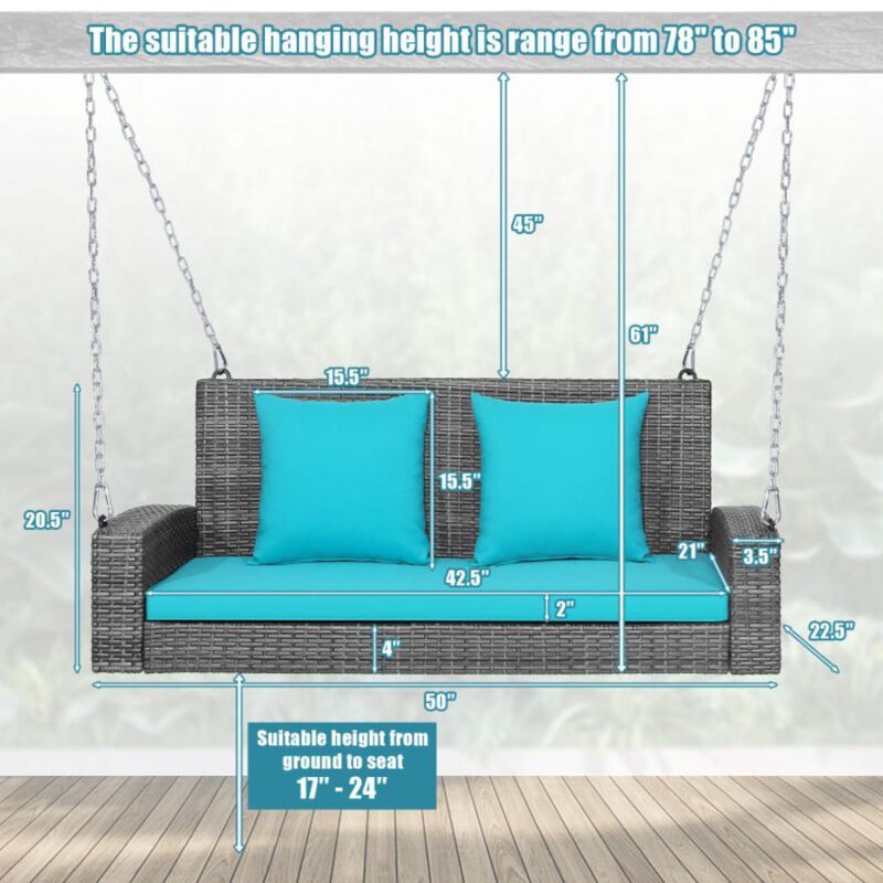 Hivvago 2-Person Patio PE Wicker Hanging Porch Swing Bench Chair Cushion 800 Pounds