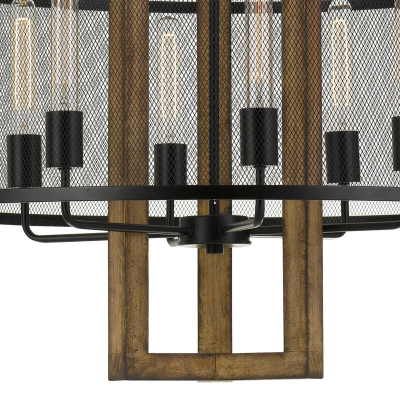60 X 6 Wooden Chandelier with Round Metal Mesh Shade, Black and Brown-Benzara