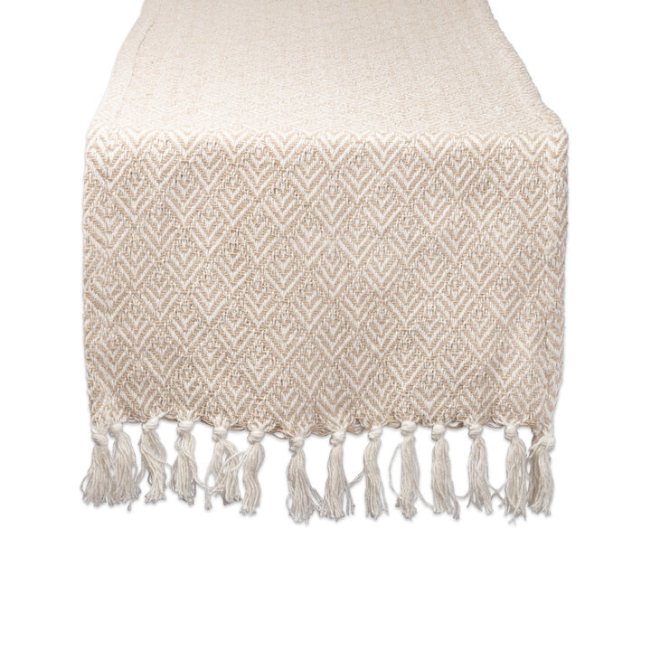 72" Beige and White Rectangular Diamond Weaved Table Runner with Tassels