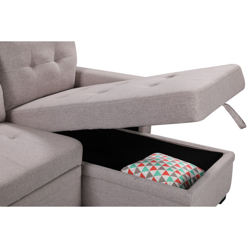 Nathan Light Reversible Sleeper Sectional Sofa With Storage Chaise, USB Charging Ports And Pocket