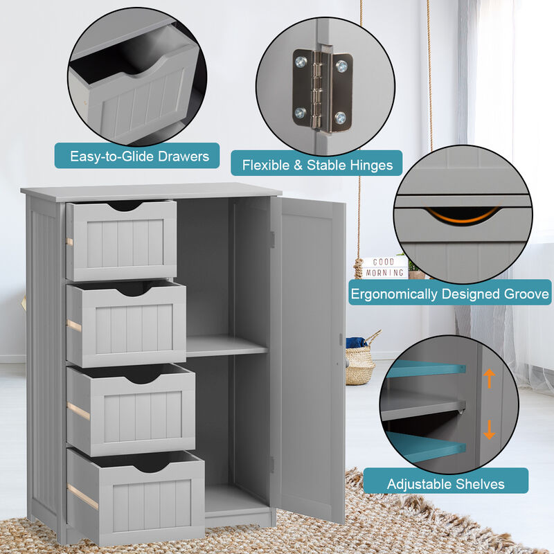 Costway Wooden 4 Drawer Bathroom Cabinet Storage Cupboard 2 Shelves Free Standing