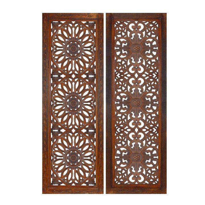 2 Piece Mango Wood Wall Panel Set with Mendallion Carving, Burnt Brown-Benzara