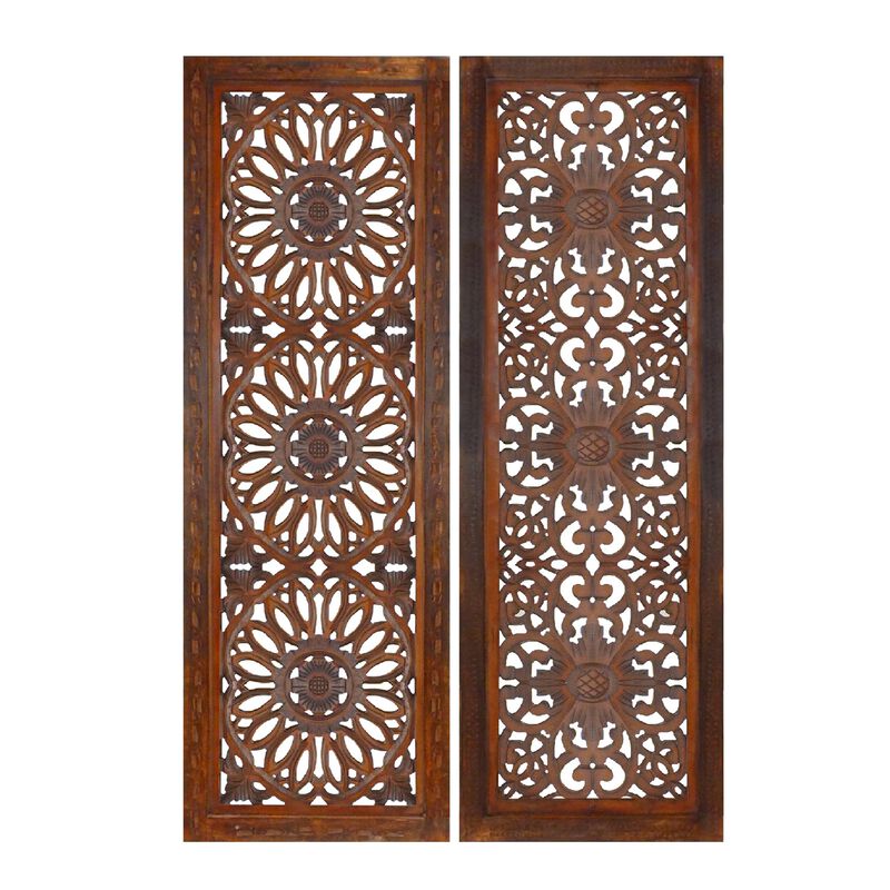 2 Piece Mango Wood Wall Panel Set with Mendallion Carving, Burnt Brown-Benzara